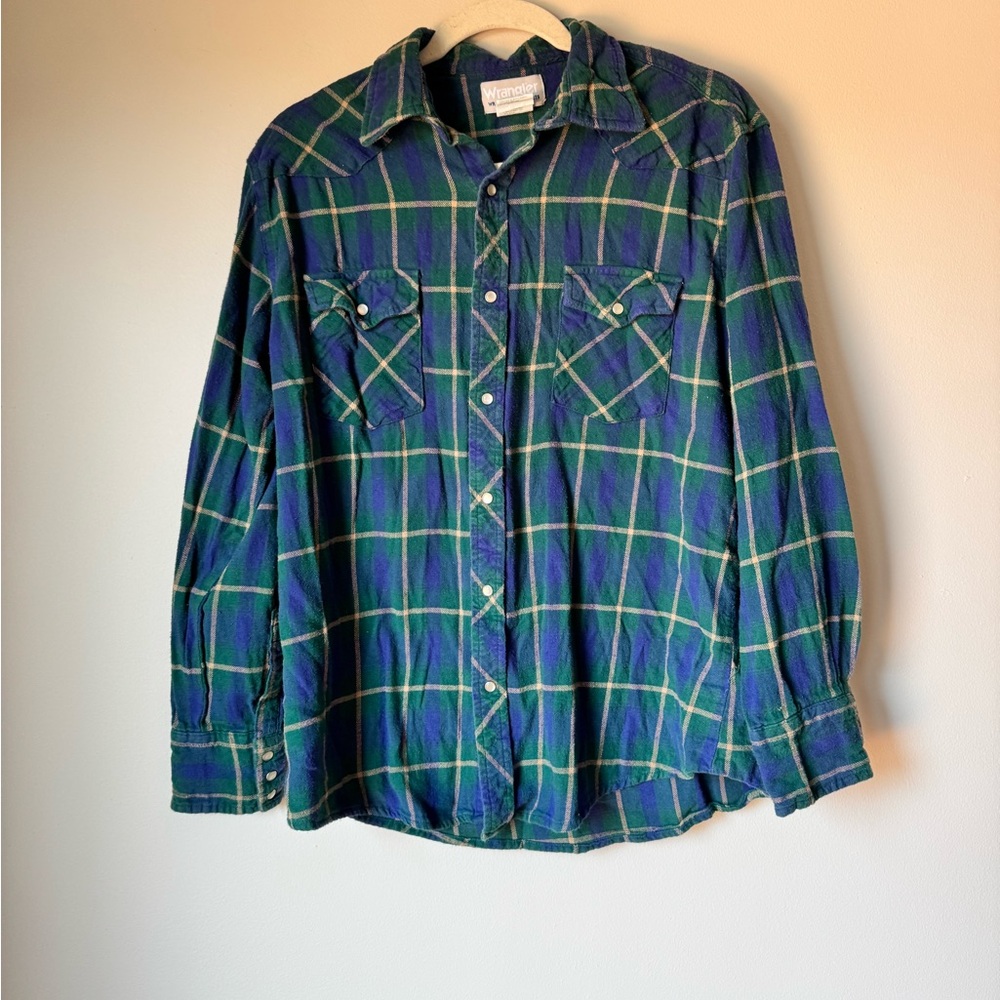 EUC Wrangler Wrancher Shirt w/ faux pearl snaps, cabincore, grandpa core, thrift